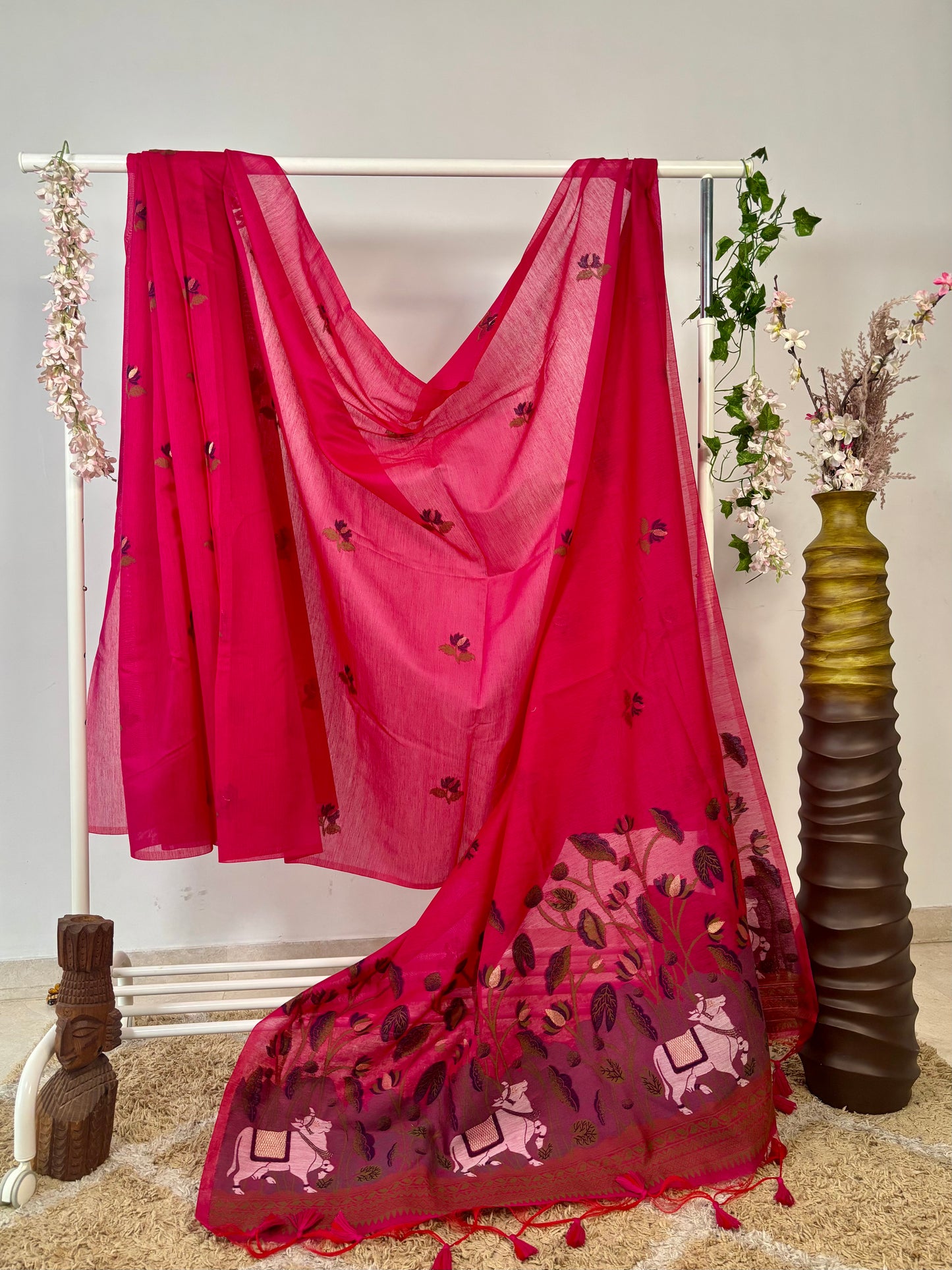 Pink Premium Muga Cotton Saree With Pichwai & Floral Weaving Work.