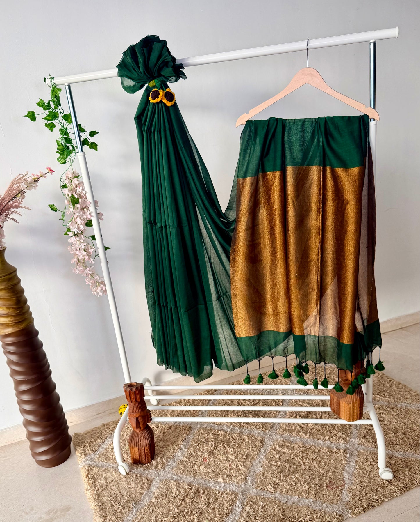 Green Mul Cotton Saree With Rich Antique Golden Border.