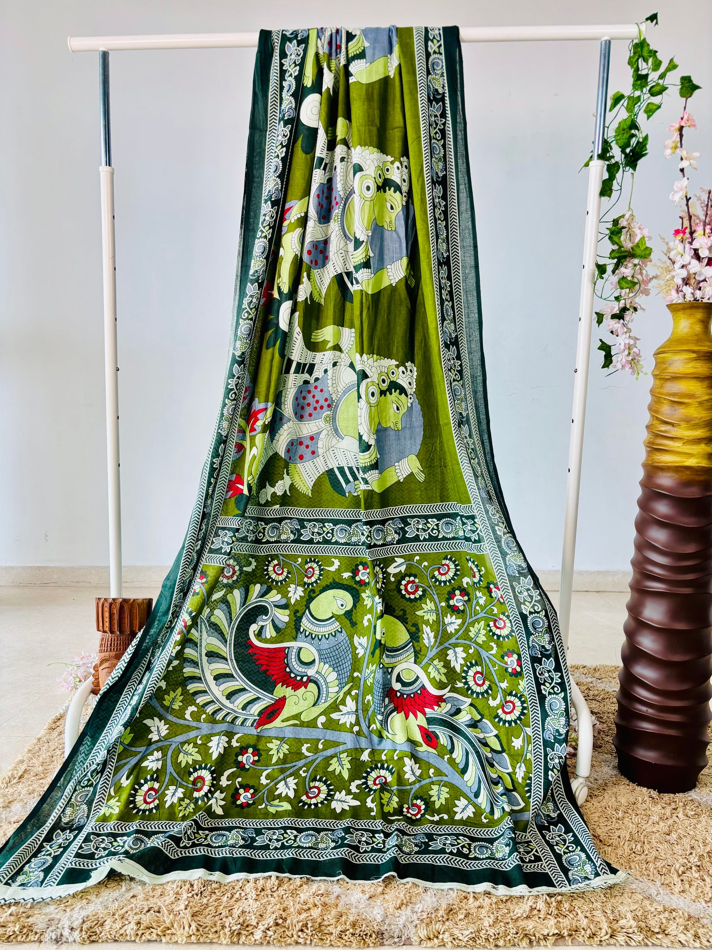 Olive Green Mulmul Cotton Saree with Handblock Kalamkari Print