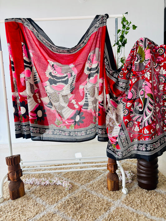 Crimson Red Mulmul Cotton Kalamkari Handblock Printed Saree.