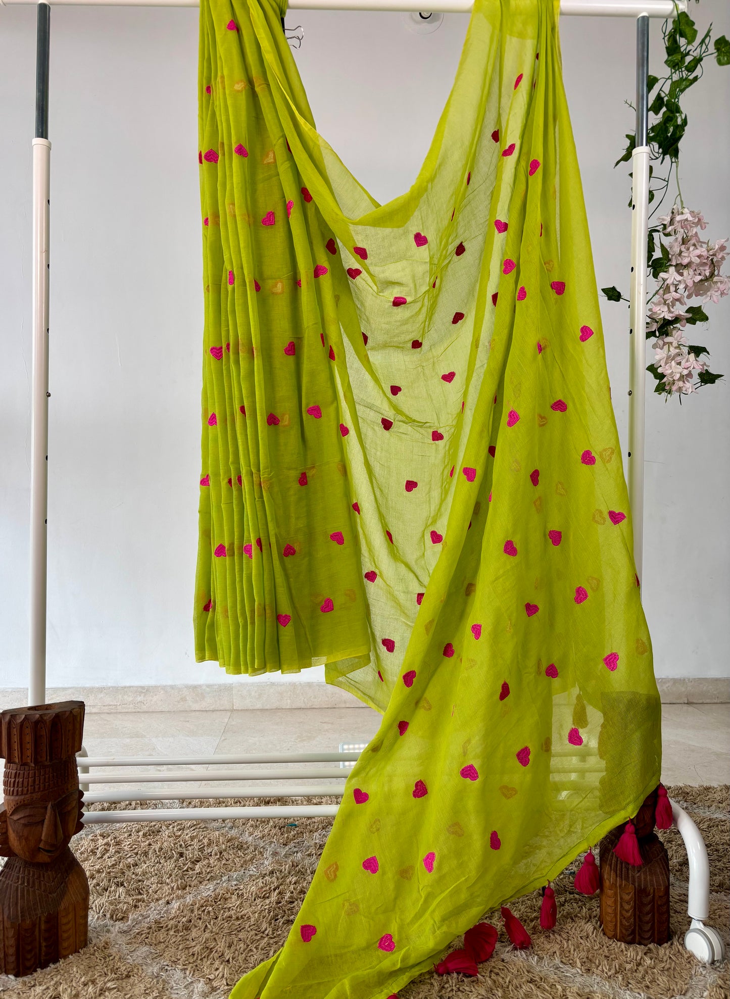 Parrot Green Pure Mul Cotton Saree with Embroidered Heart Work