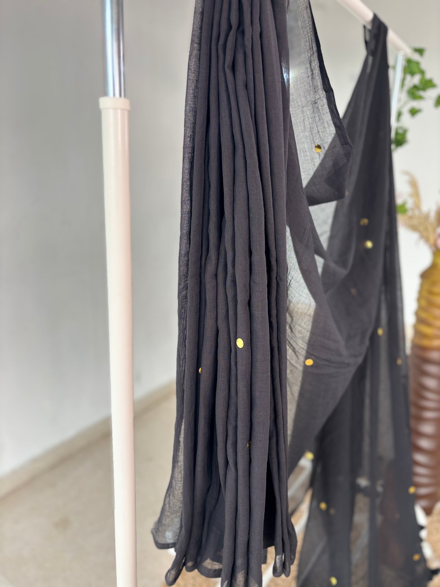 Black Mul Cotton Saree with Gold Butti