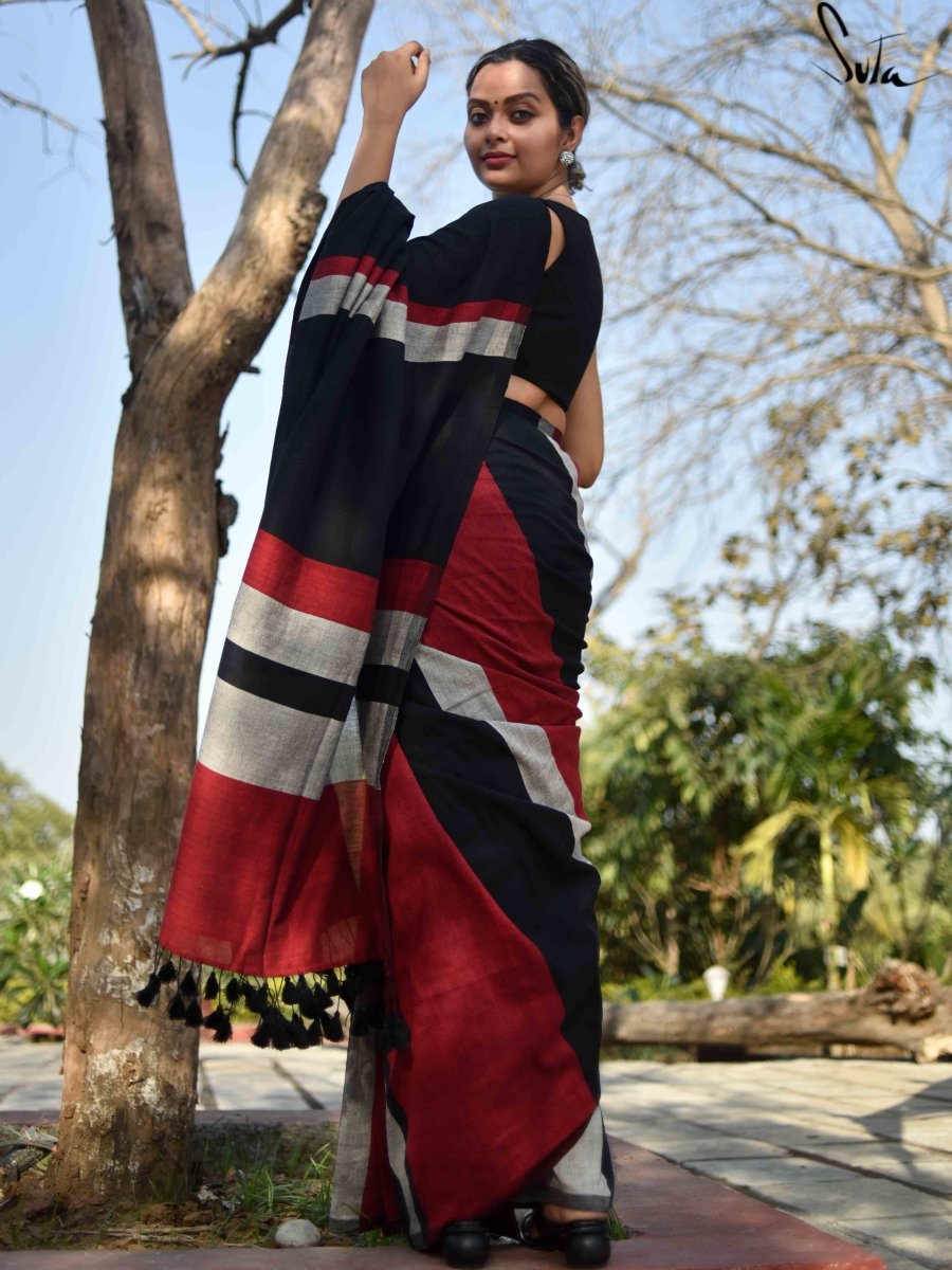 Black Colorblock Pure Cotton Khadi Saree