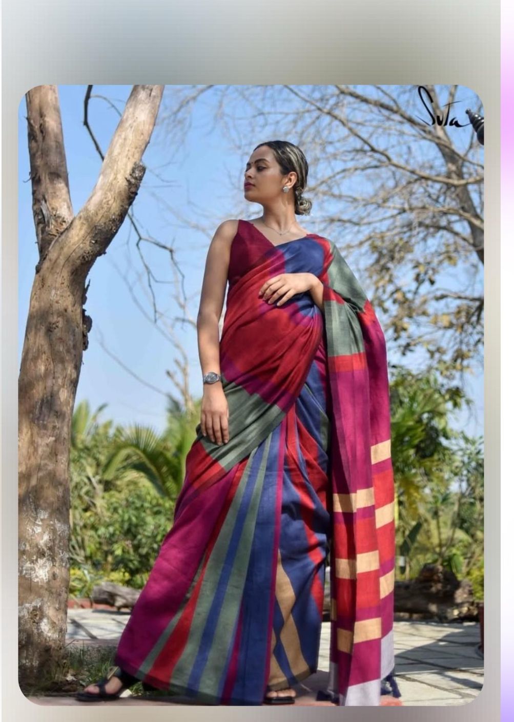 Multicolor Colorblock Pure cotton Khadi Saree