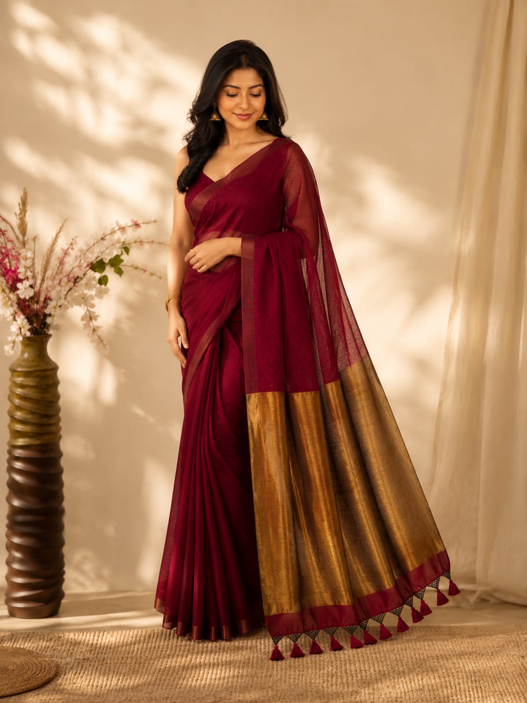 Maroon Cotton Saree With Rich Antique Gold Pallu