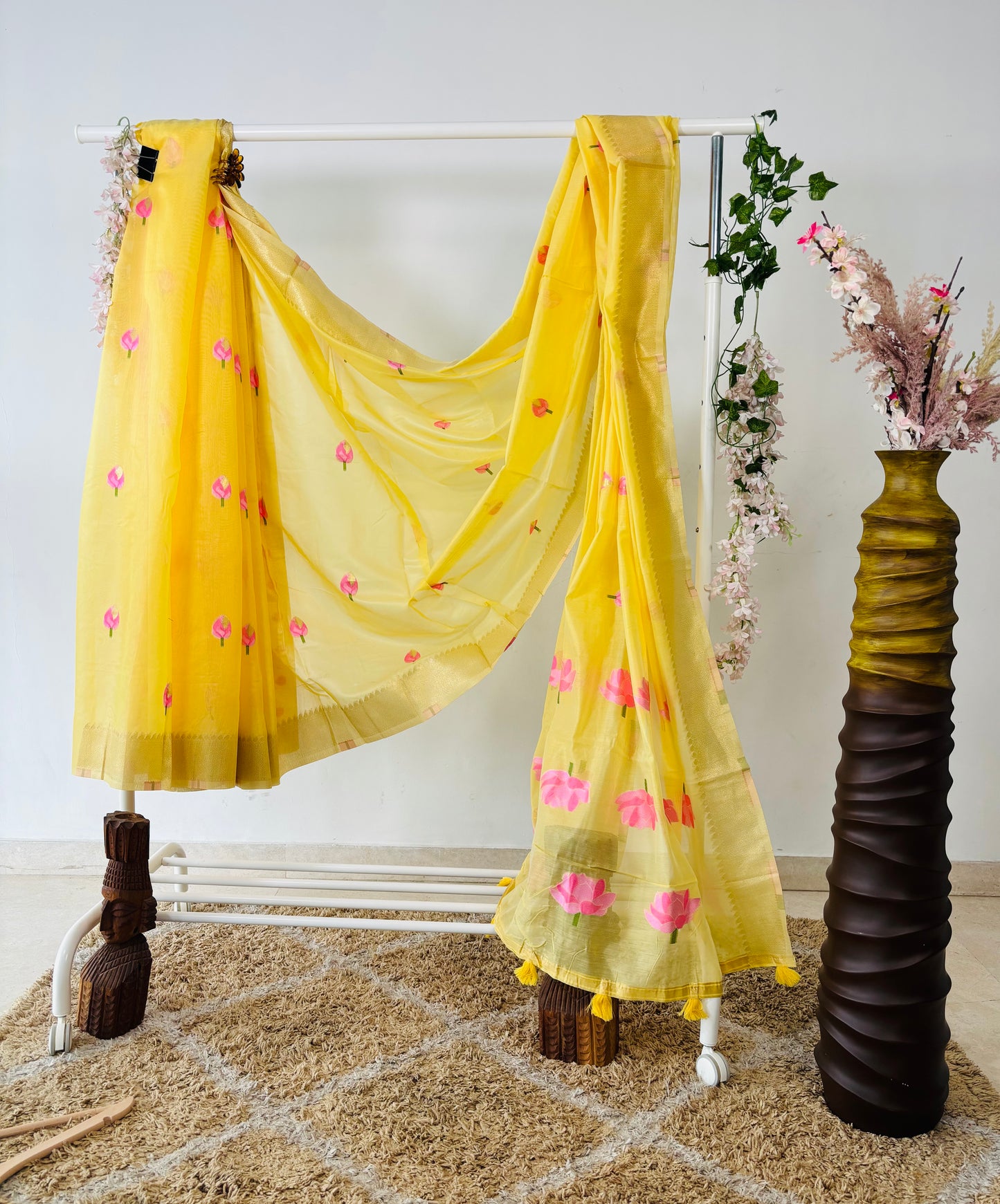 Yellow Floral Weaving Linen Cotton Saree With Zari Border