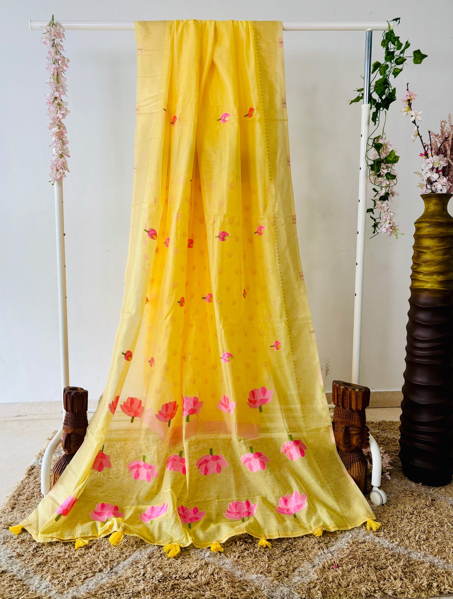 Yellow Floral Weaving Linen Cotton Saree With Zari Border