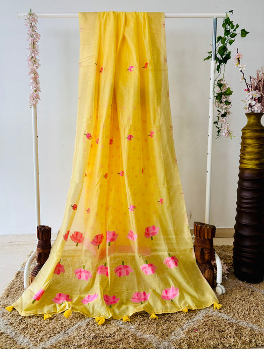 Yellow Floral Weaving Linen Cotton Saree With Zari Border
