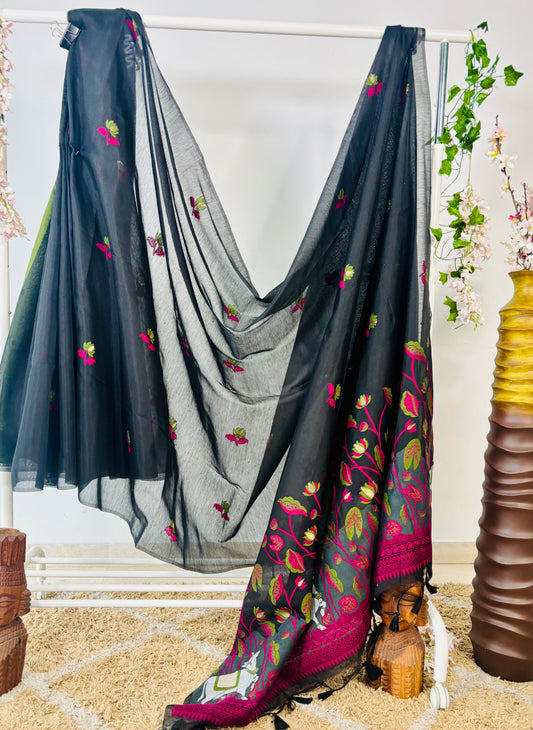 Black Premium Muga Cotton Saree With Pichwai & Floral Weaving Work
