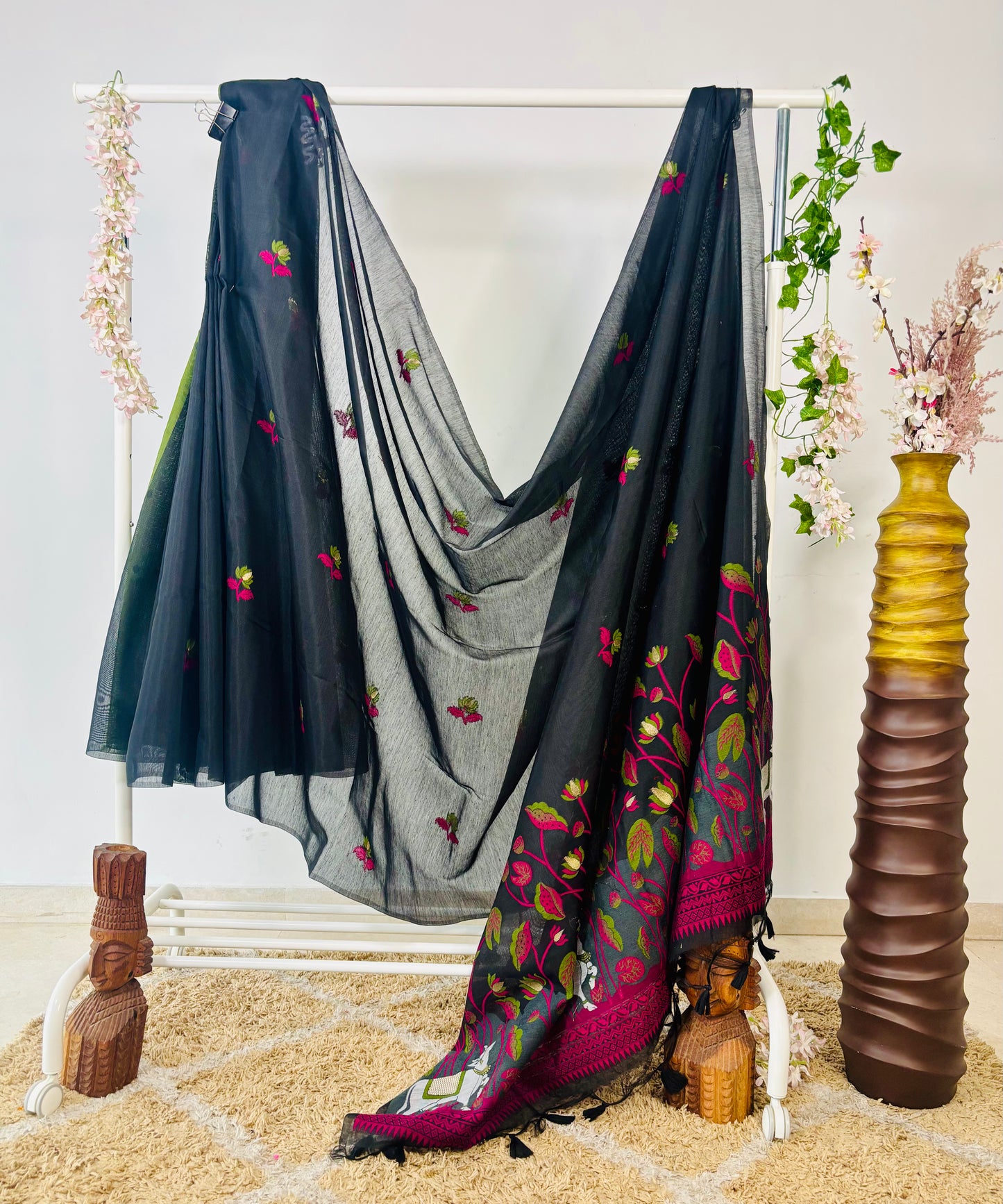 Black Premium Muga Cotton Saree With Pichwai & Floral Weaving Work