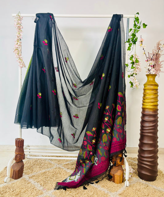 Black Premium Muga Cotton Saree With Pichwai & Floral Weaving Work