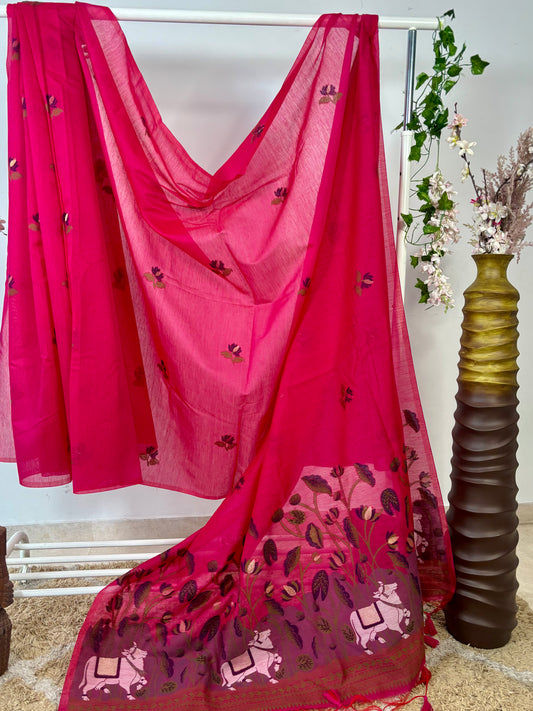 Pink Premium Muga Cotton Saree With Pichwai & Floral Weaving Work.