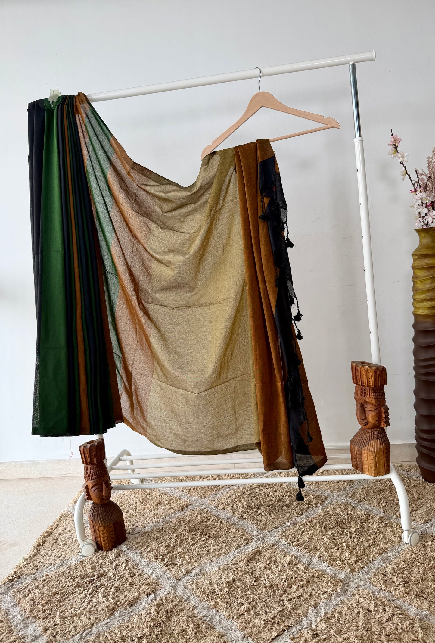 Brown colorblock pure cotton Khadi Saree