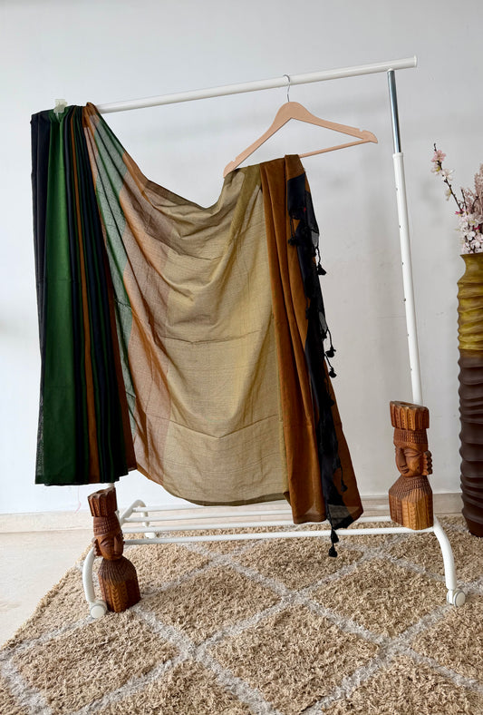 Brown colorblock pure cotton Khadi Saree