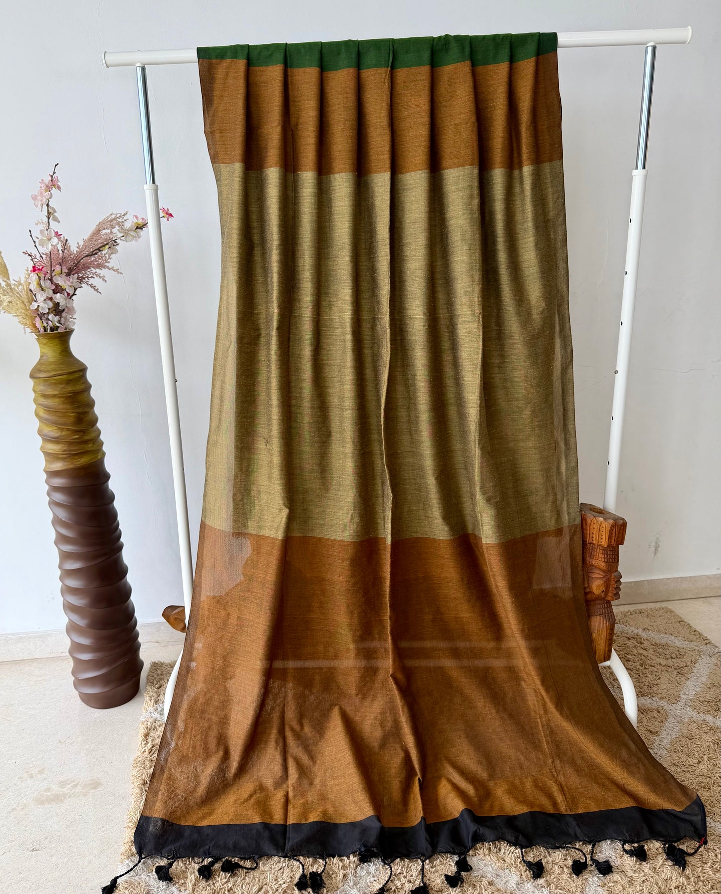 Brown colorblock pure cotton Khadi Saree