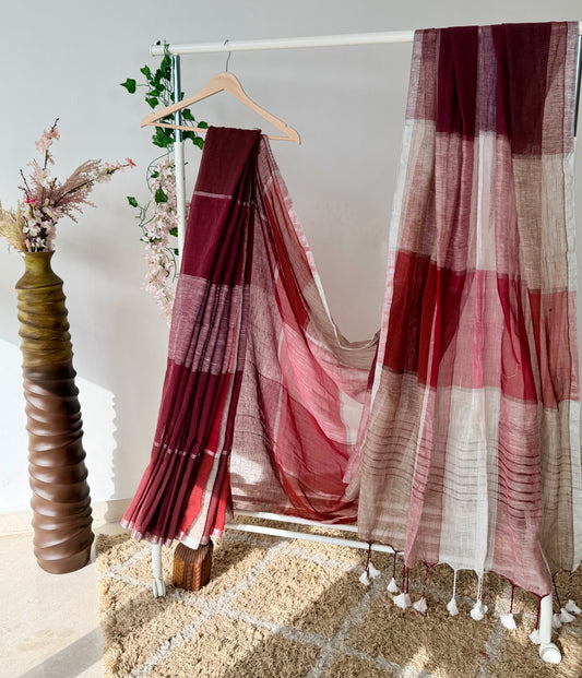 Linen Cotton Checks Saree with Tassels