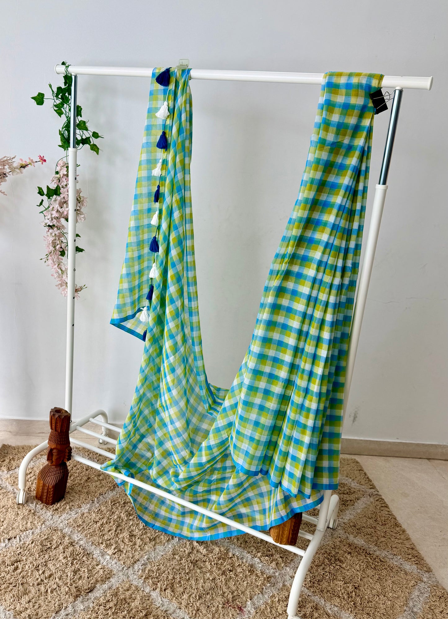 Pure Linen Green Checks Saree