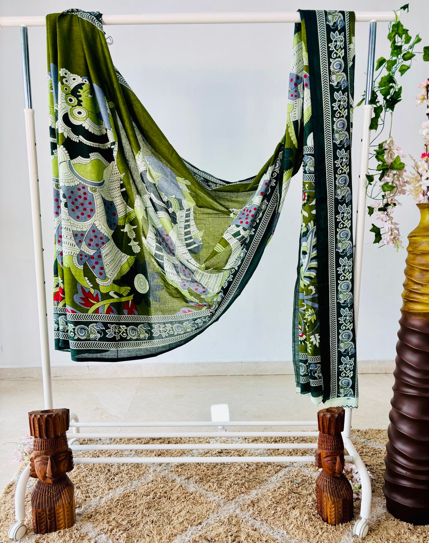 Olive Green Mulmul Cotton Saree with Handblock Kalamkari Print