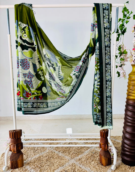 Olive Green Mulmul Cotton Saree with Handblock Kalamkari Print