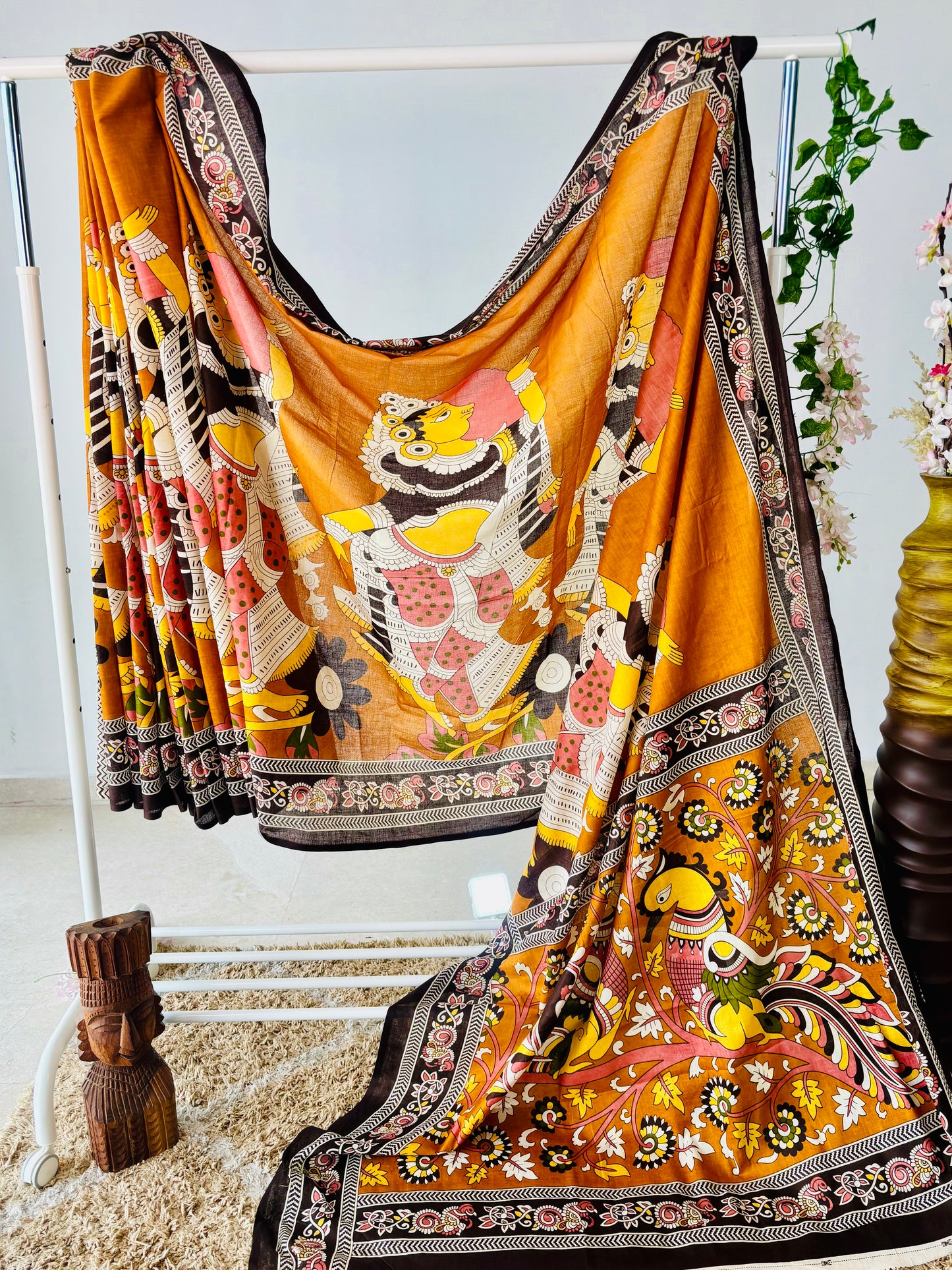 Mulmul Cotton Saree with Handblock Kalamkari Print