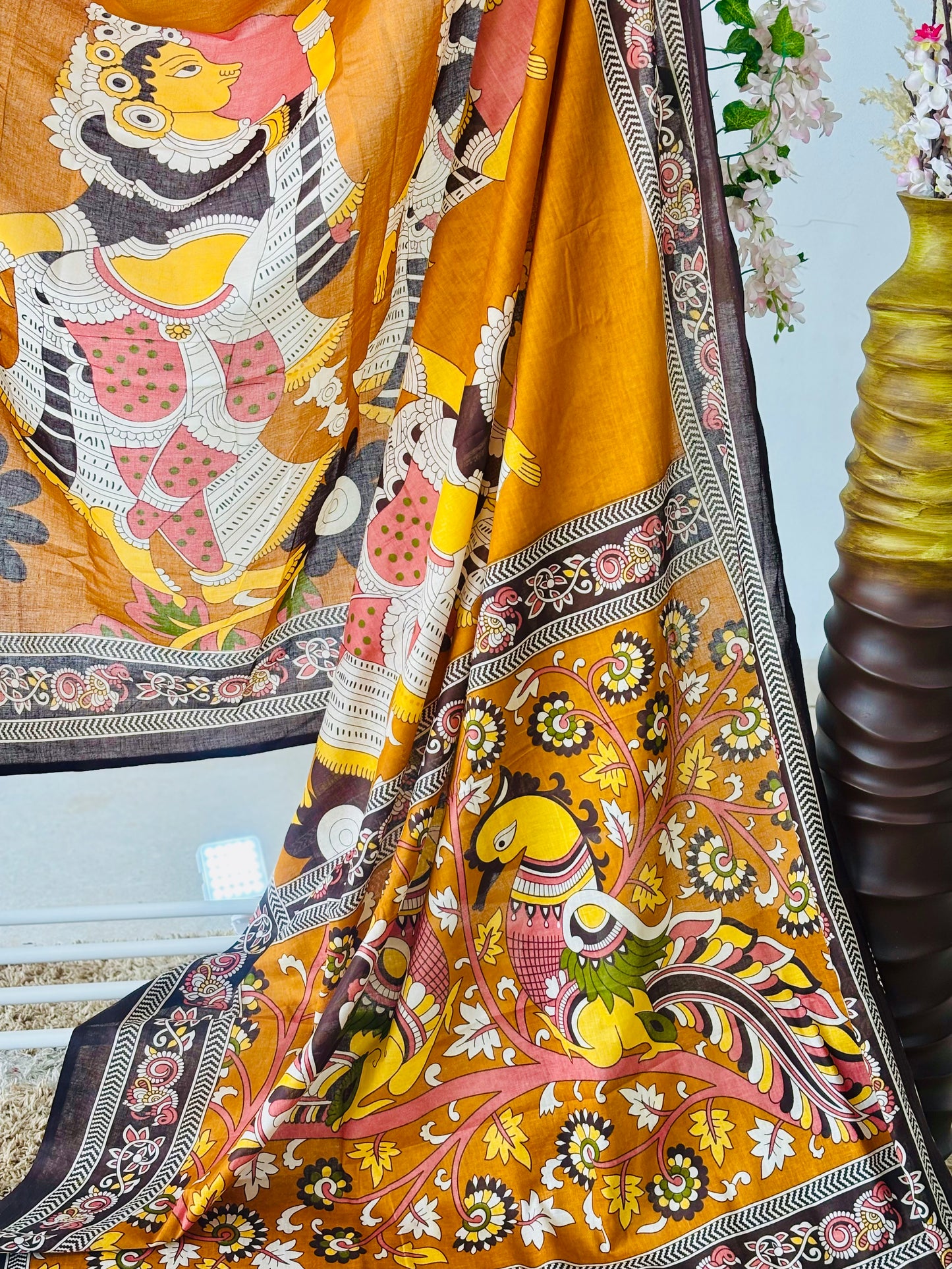 Mulmul Cotton Saree with Handblock Kalamkari Print