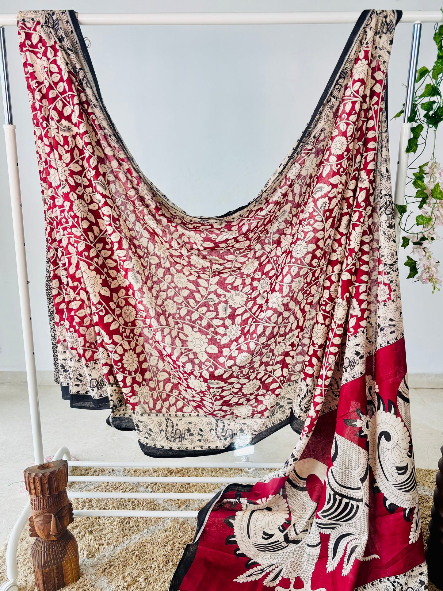 Maroon Mulmul Cotton Saree with Kalamkari Handblock Print.