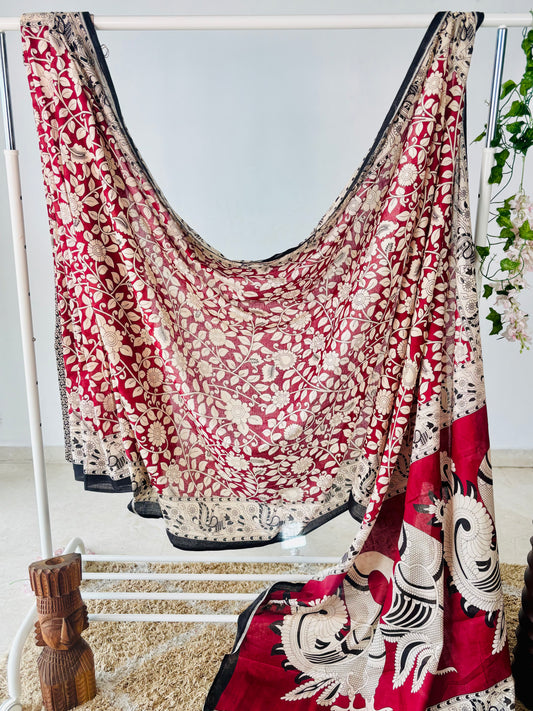 Maroon Mulmul Cotton Saree with Kalamkari Handblock Print.