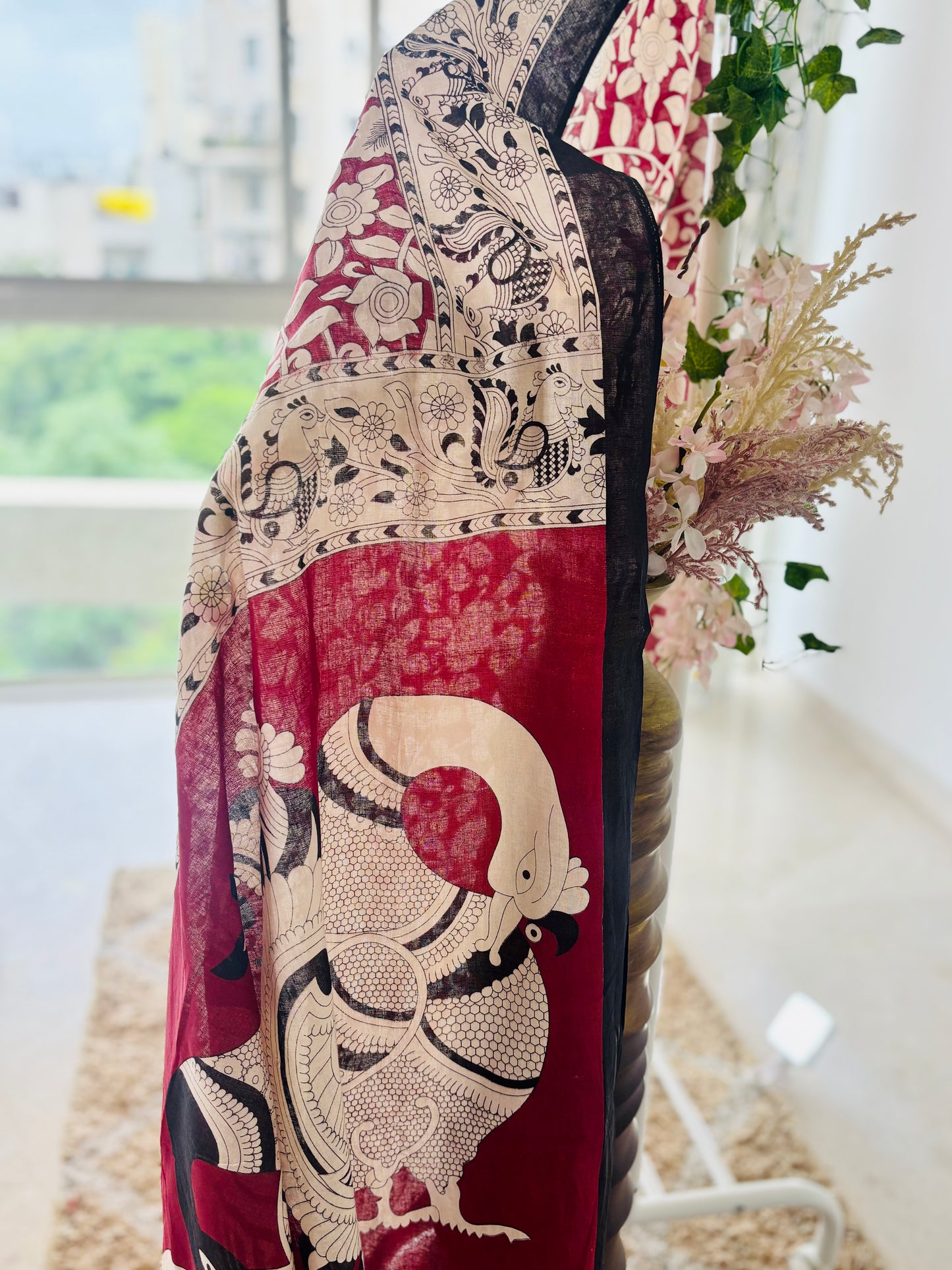 Maroon Mulmul Cotton Saree with Kalamkari Handblock Print.