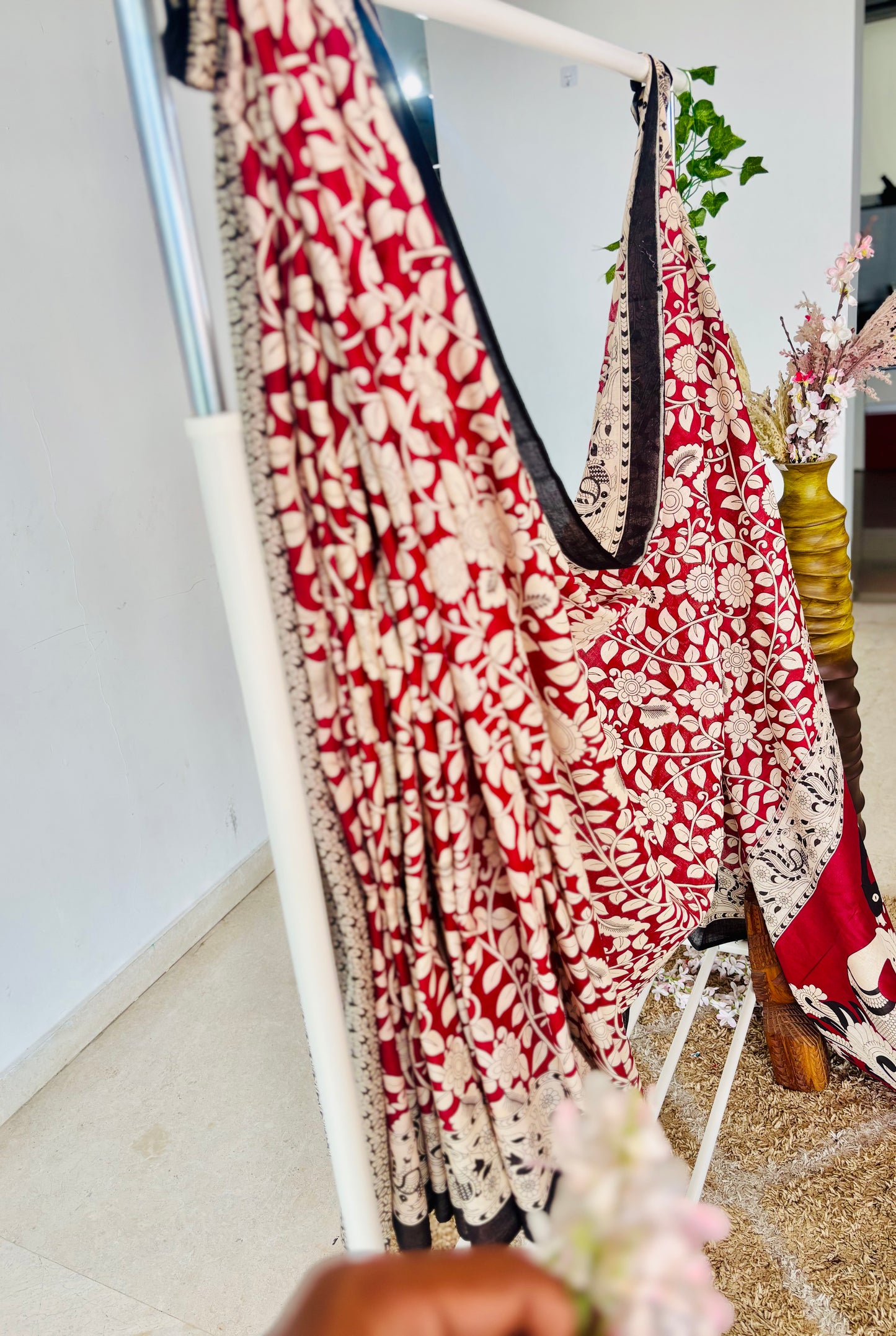 Maroon Mulmul Cotton Saree with Kalamkari Handblock Print.