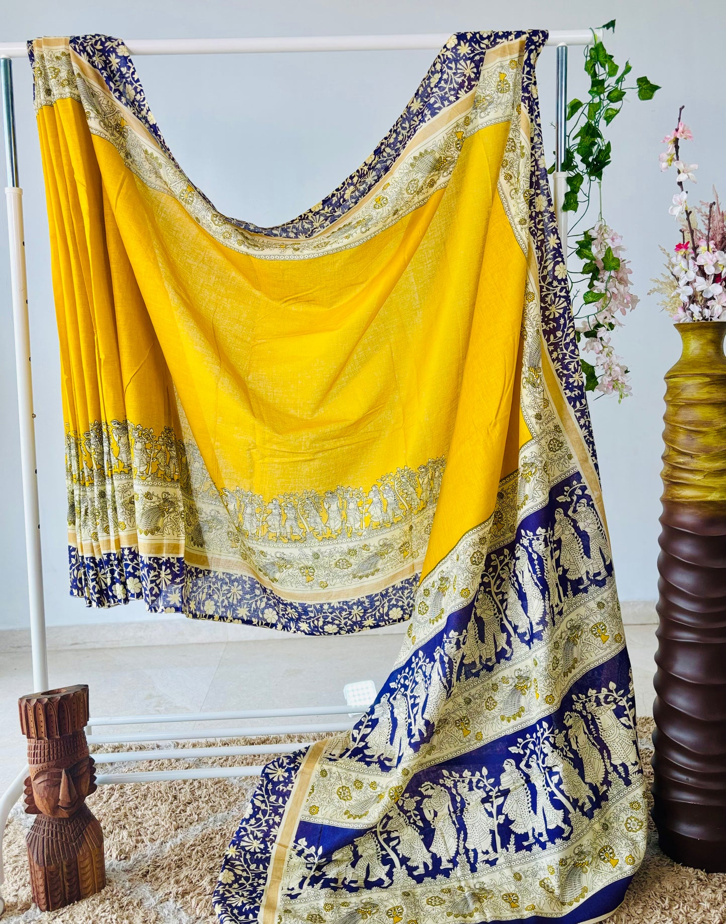 Mustred Yellow Mulmul cotton Kalamkari Handblock Printed Saree