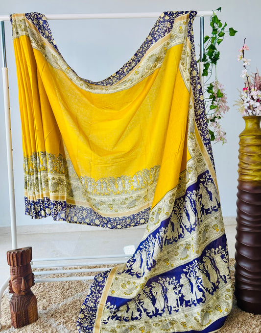 Mustred Yellow Mulmul cotton Kalamkari Handblock Printed Saree