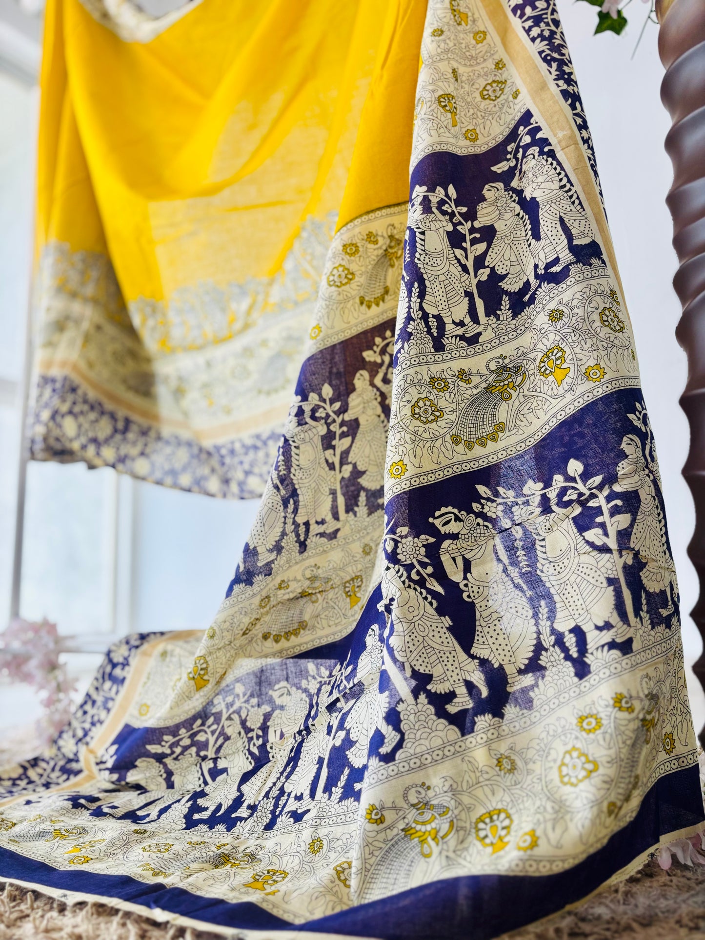 Mustred Yellow Mulmul cotton Kalamkari Handblock Printed Saree