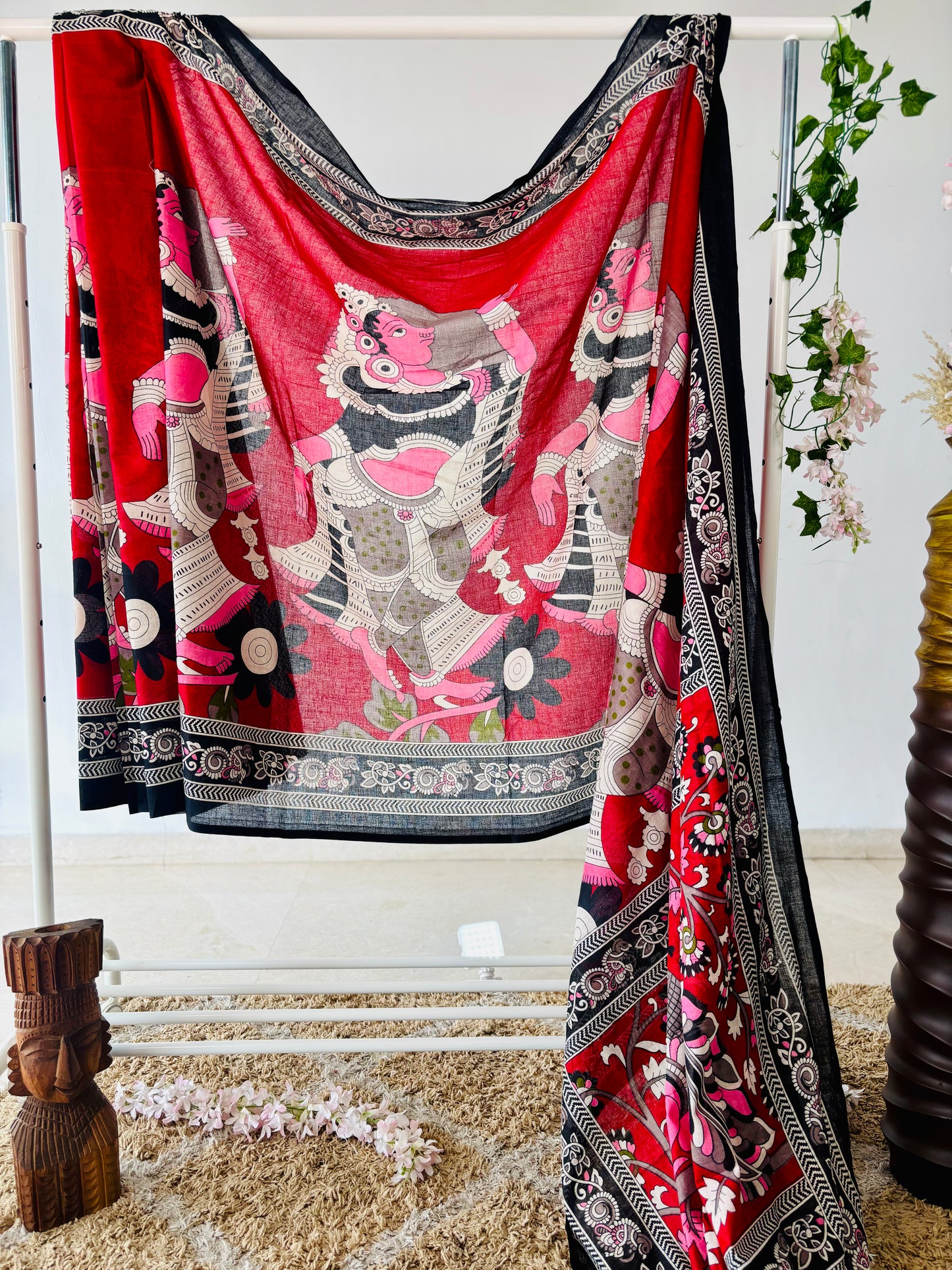 Crimson Red Mulmul Cotton Kalamkari Handblock Printed Saree.
