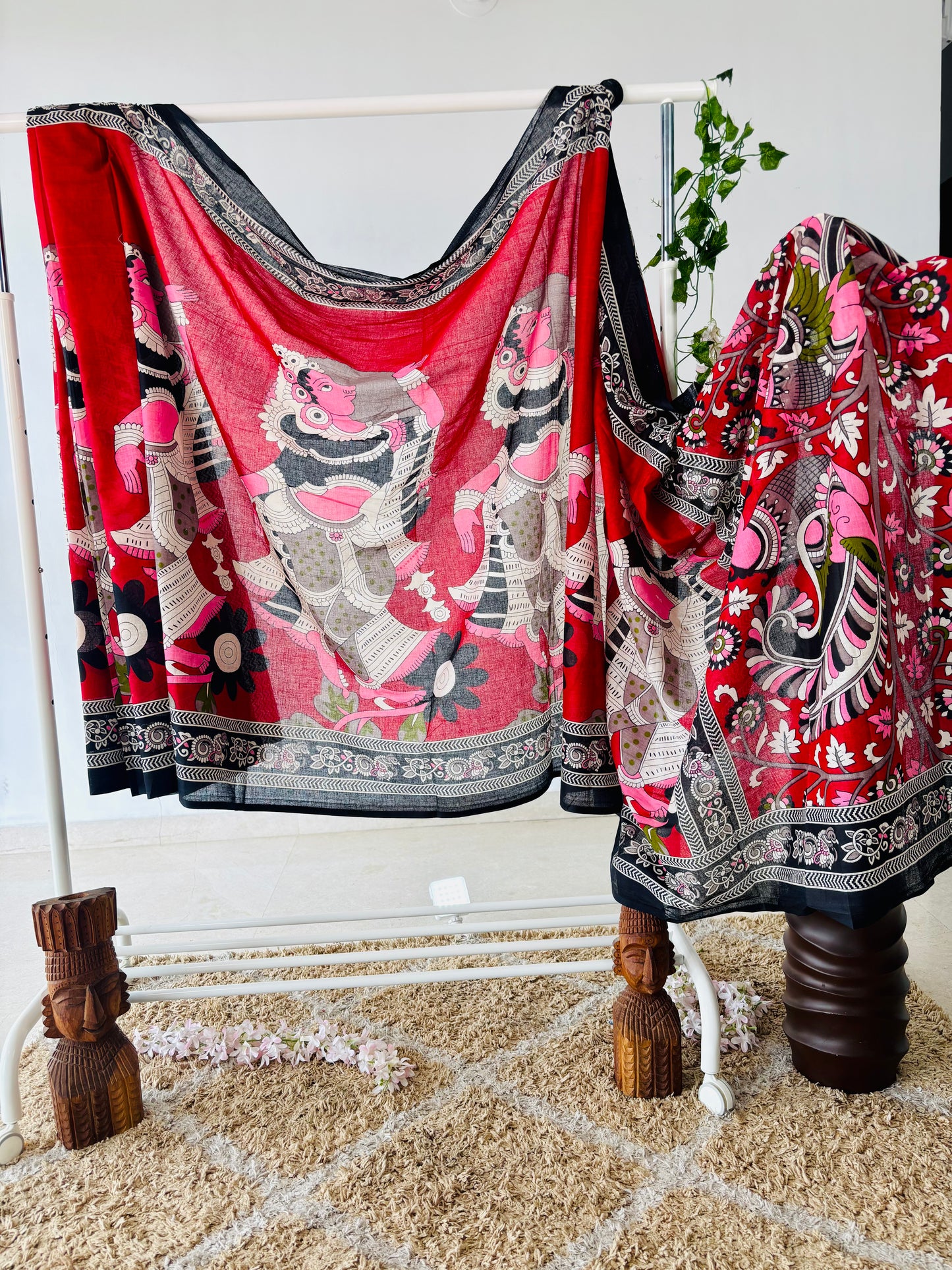 Crimson Red Mulmul Cotton Kalamkari Handblock Printed Saree.
