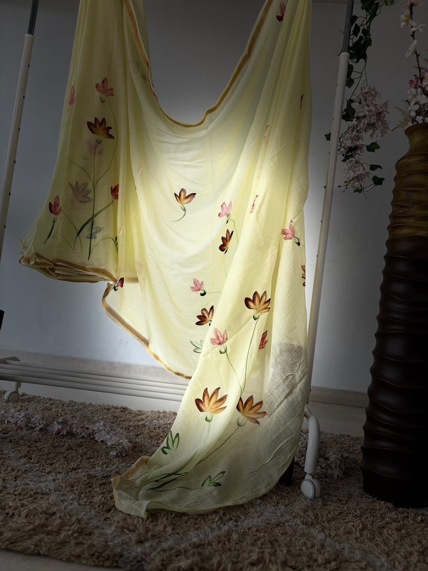 Soft Mul Maslin Cotton Saree – Light Yellow Hand Printed Elegance