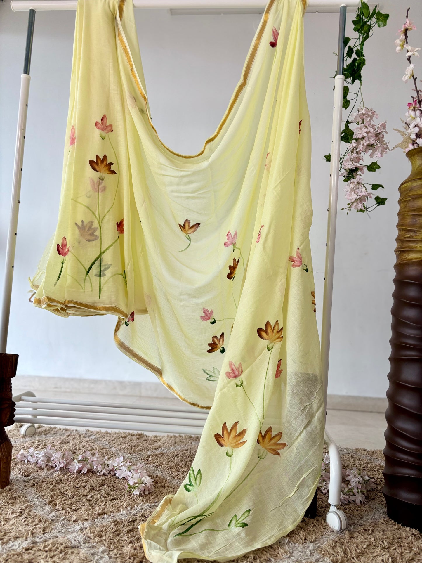 Soft Mul Maslin Cotton Saree – Light Yellow Hand Printed Elegance