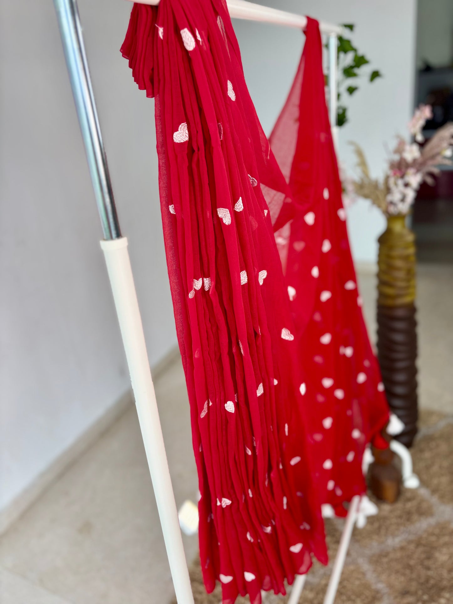 Red Pure Mul Cotton Saree with Embroidered Heart Work
