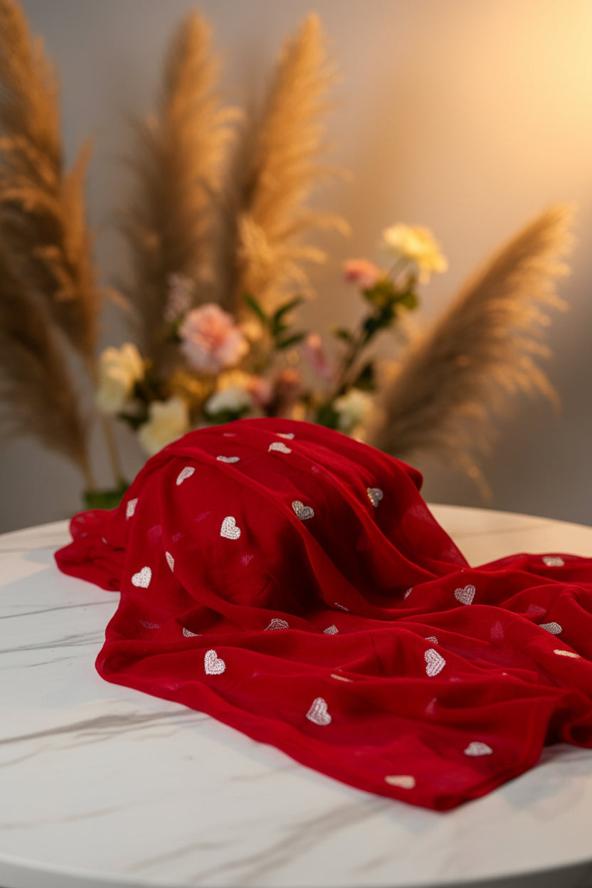 Red Pure Mul Cotton Saree with Embroidered Heart Work