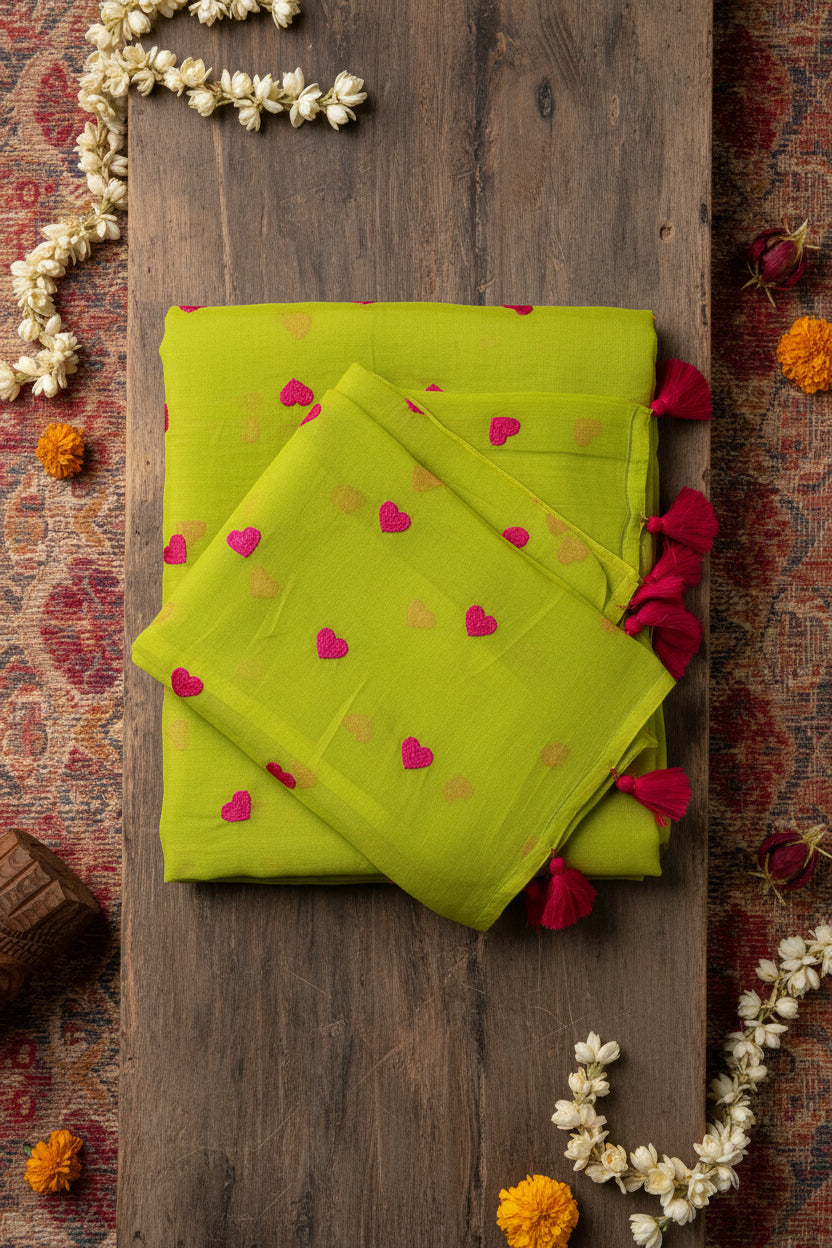 Parrot Green Pure Mul Cotton Saree with Embroidered Heart Work