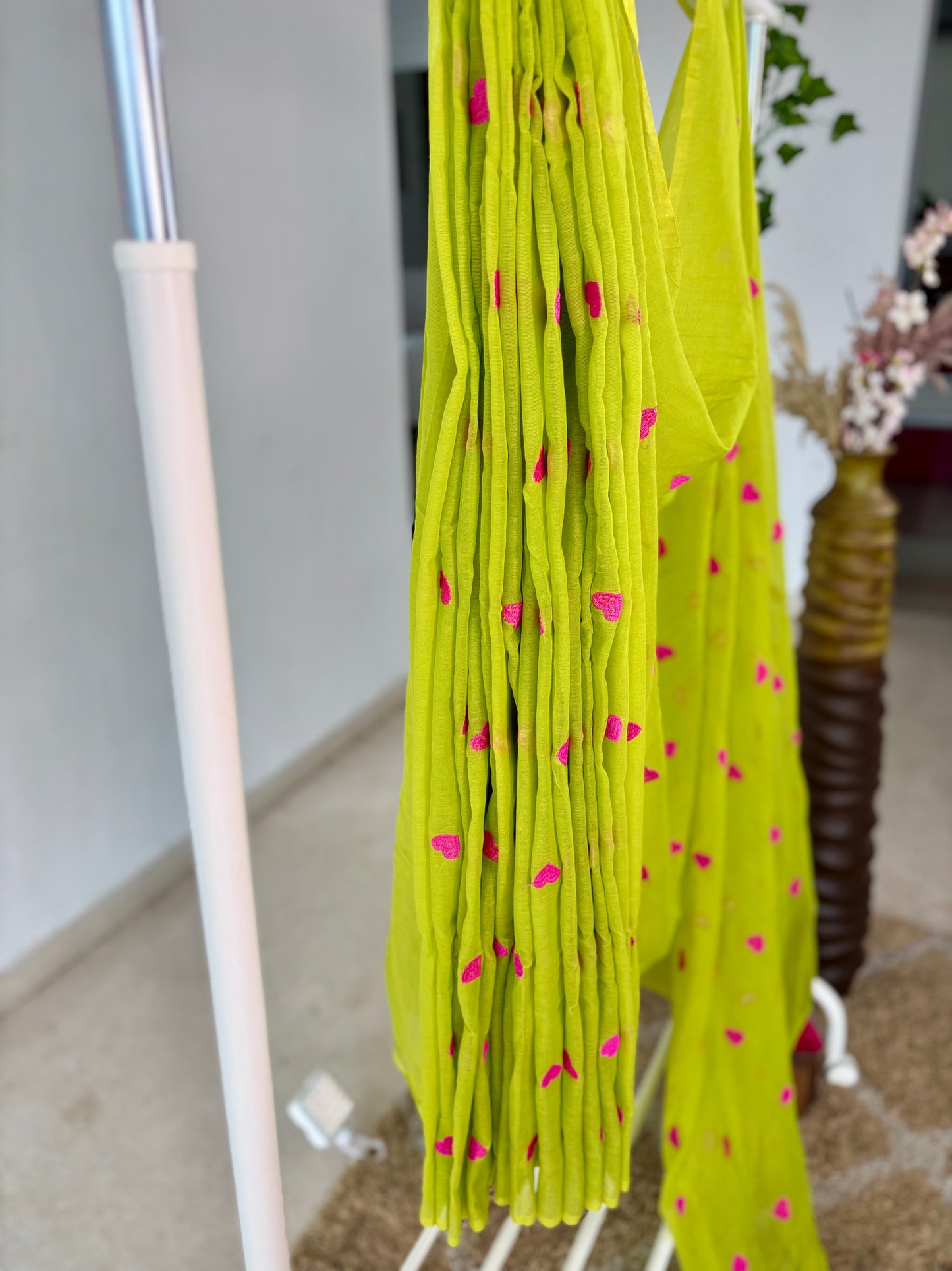 Parrot Green Pure Mul Cotton Saree with Embroidered Heart Work