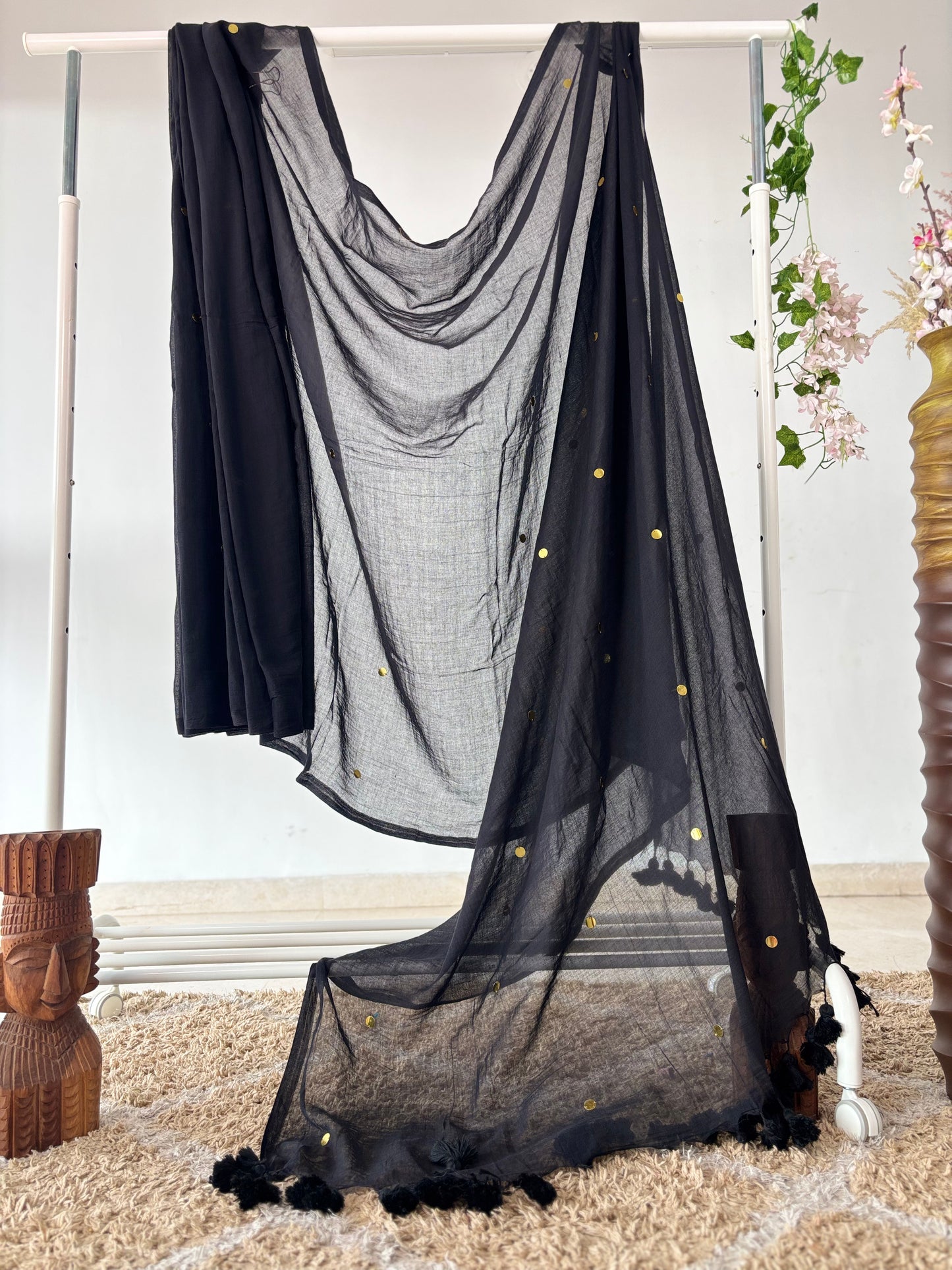 Black Mul Cotton Saree with Gold Butti