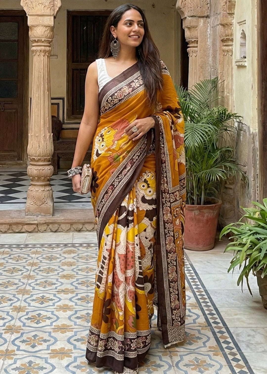 Multi Color Mulmul Cotton Saree With Klamkari Handblock Print