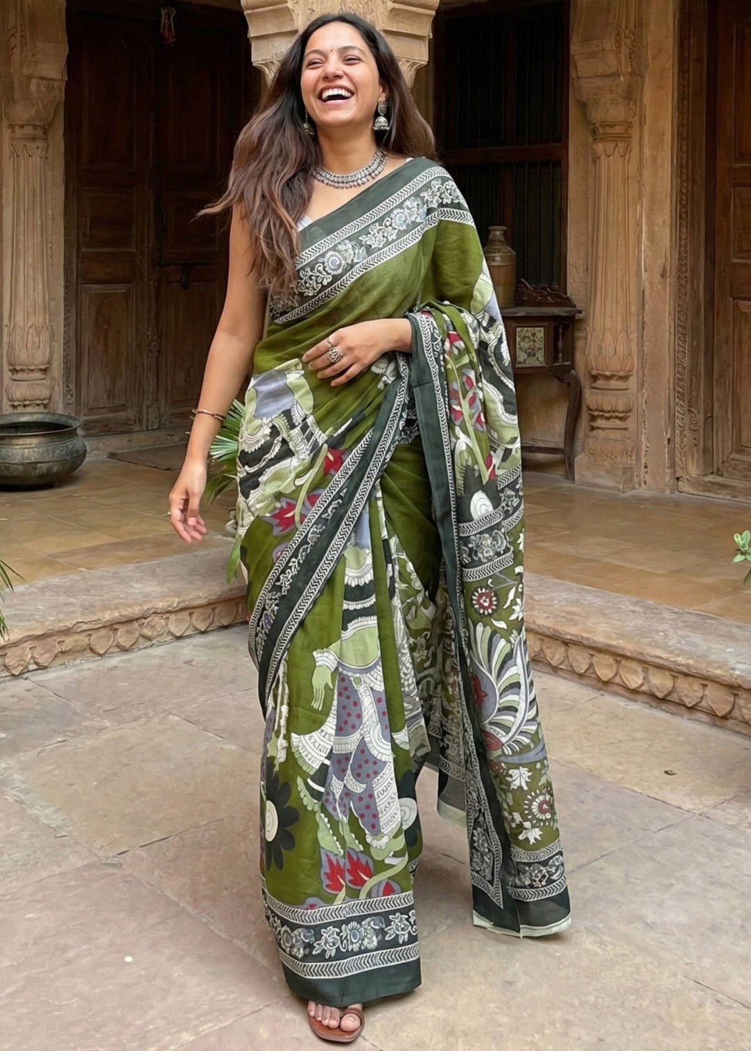 Multi Color Mulmul Cotton Saree With Kalamkari Handblock Printed Work