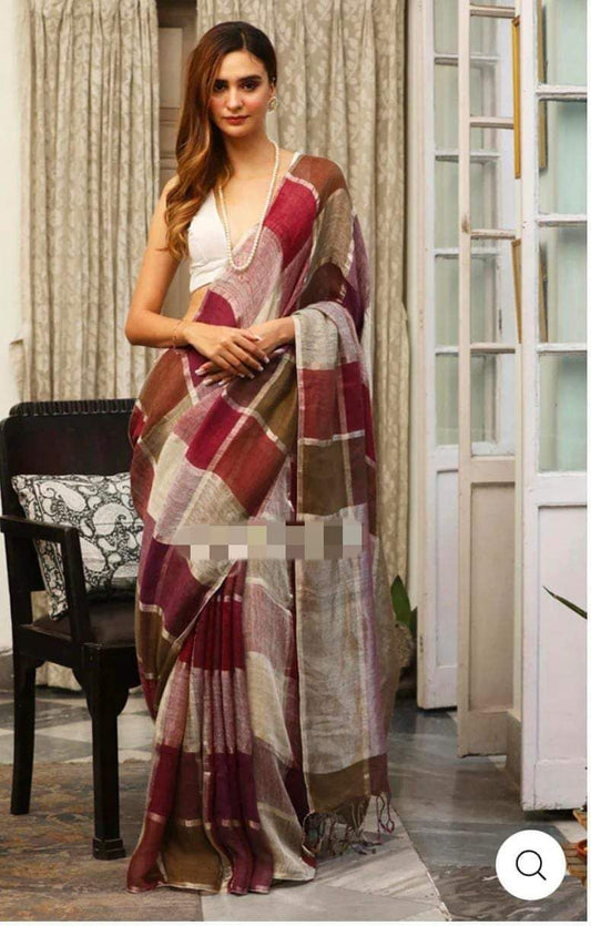 Linen Chex Saree With Blouse