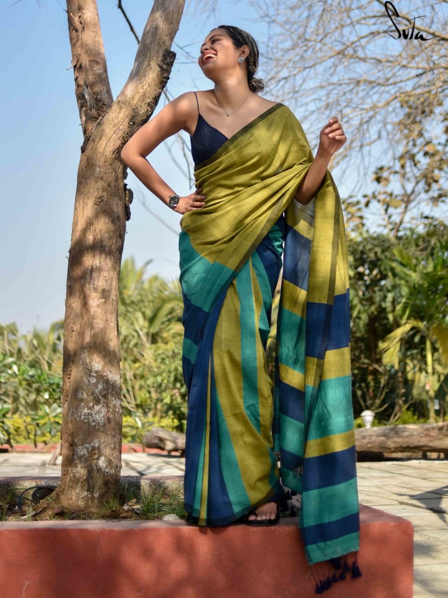 Olive Grace Block Design Khadi Cotton Saree