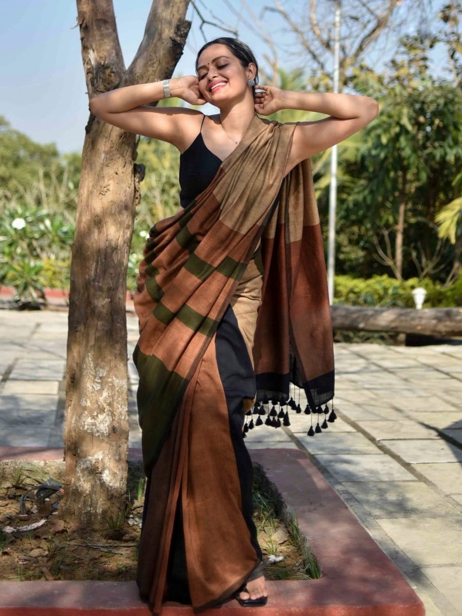 Brown Colorblock Pure Cotton Khadi Saree