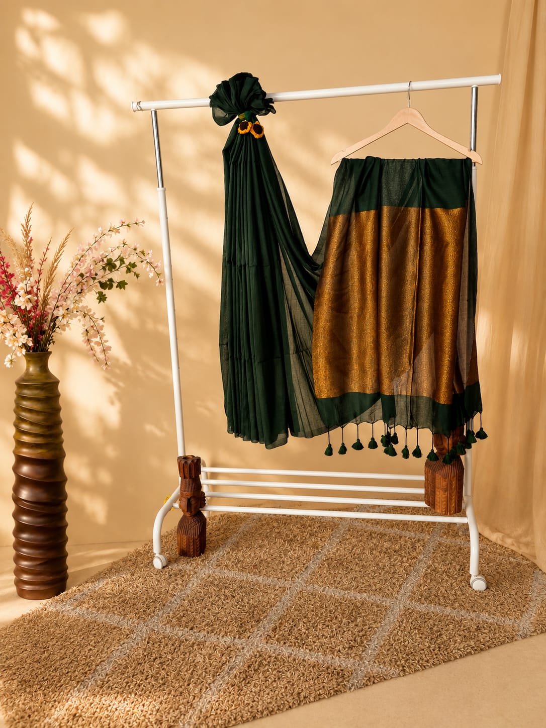 Green  Mul Cotton Saree With Rich Antique Golden Border