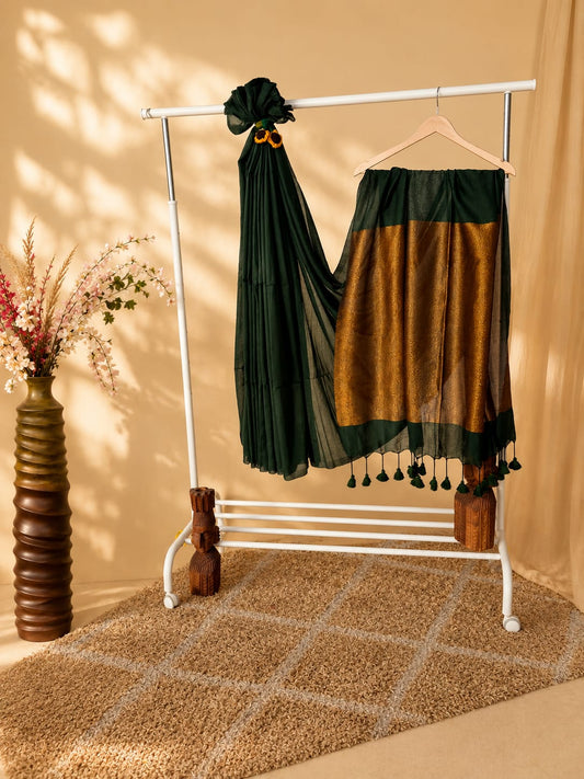 Green  Mul Cotton Saree With Rich Antique Golden Border