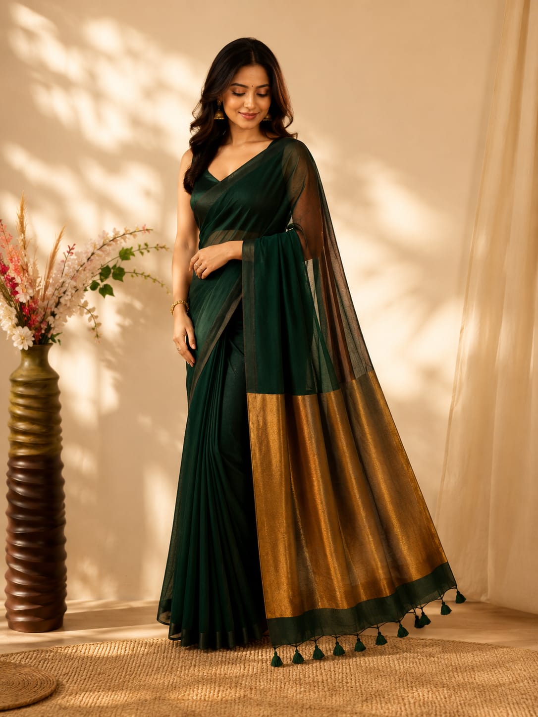 Green  Mul Cotton Saree With Rich Antique Golden Border